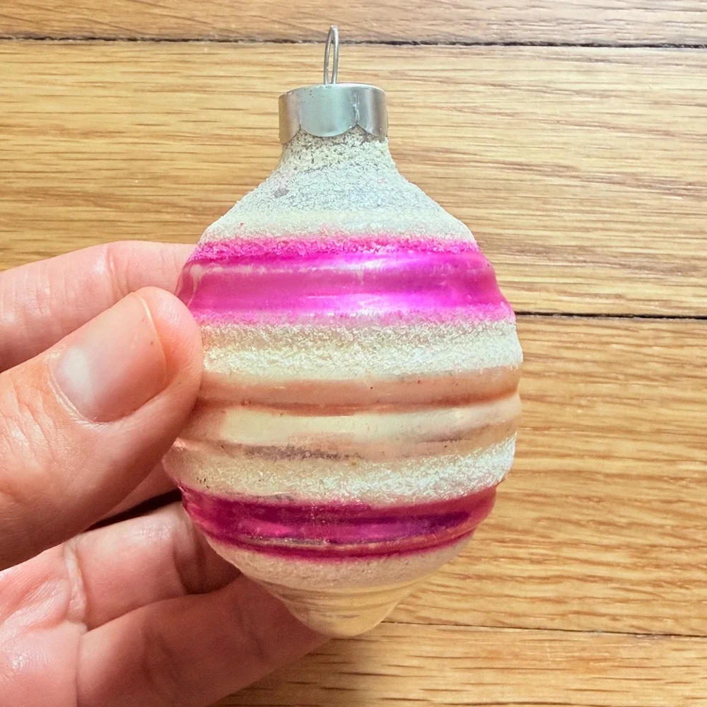 George Franke Pair Christmas Ornaments Beehive Pink Striped Mica USA MCM 1950's